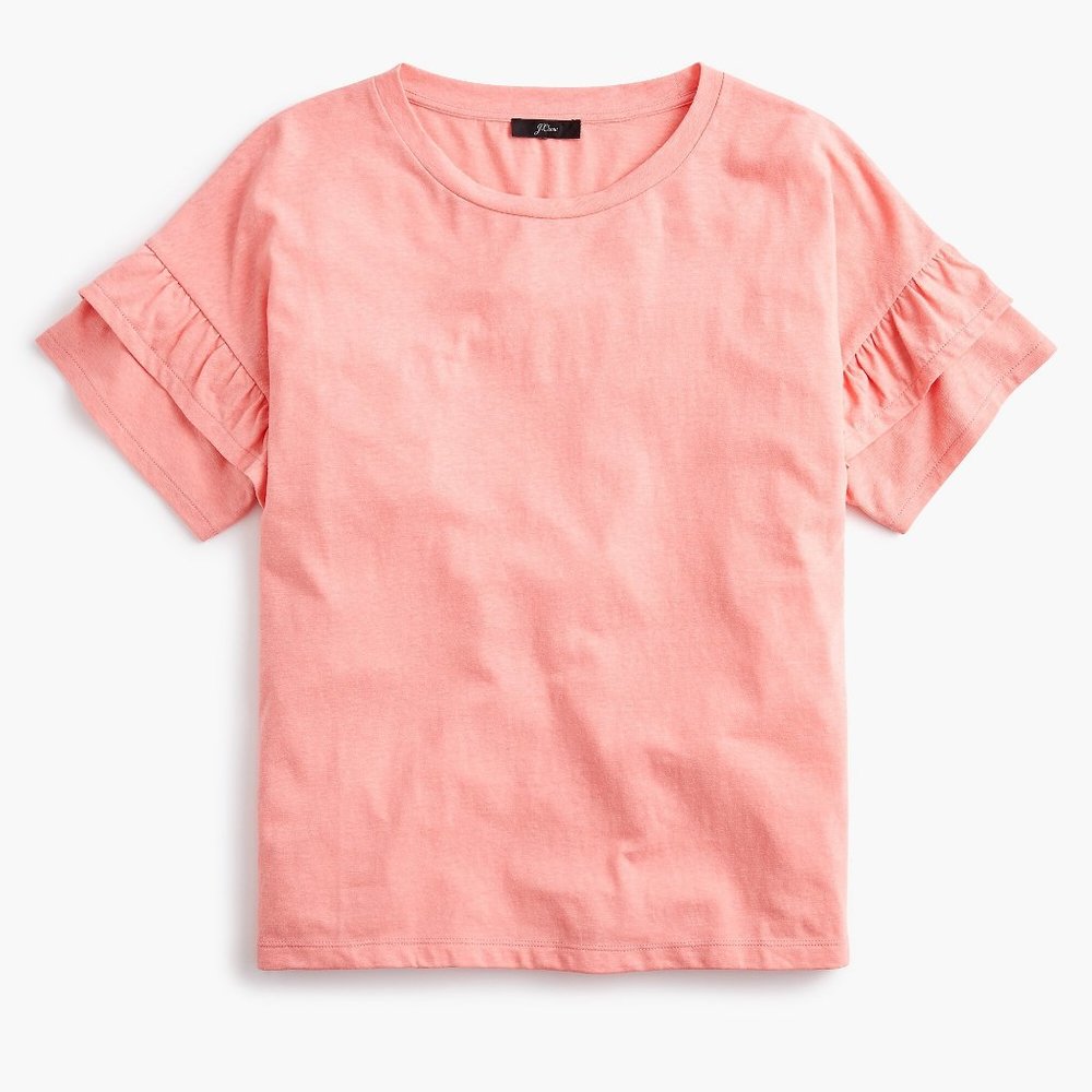 NEW J Crew Ruffle Sleeve Tee T-Shirt Slub Cotton Tee Pink Hibiscus NWT M L
